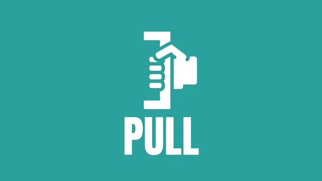 Pull door icon showing a hand gripping a small handle with the word pull written clearly below it on a teal colored background for user guidance today