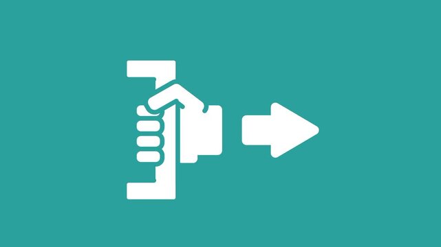 Emergency exit sign icon showing a hand pushing a door open with an arrow pointing right on a bright teal background for building fire safety exit