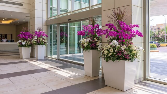 Elegant orchid floral arrangements in white planters outside modern building entrance with natural light