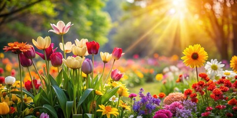 Fototapeta premium Colorful blooming flowers in a garden with a sunny background, spring, flowers, spring,flowers, nature, floral