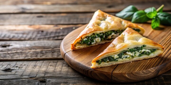 pastry triangle filled with feta cheese and spinach on wooden table, cheese, appetizer,  cheese, appetizer, kitchen, cheese plate