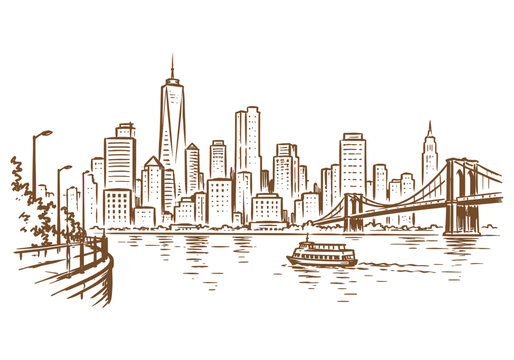 New York City Skyline with Brooklyn Bridge Minimalist Line Art Illustration.