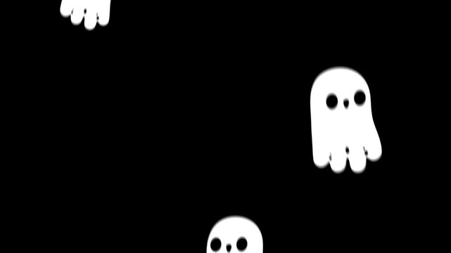 Minimalist design of playful white ghosts with hollow eyes drifting on a dark backdrop, spooky graphic.