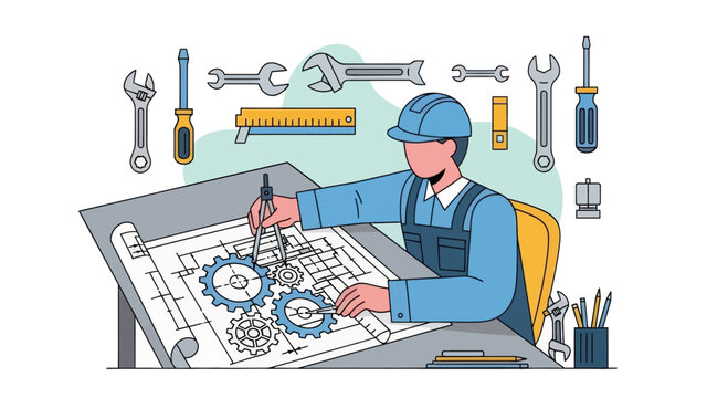 Engineer working on blueprint with gears and tools