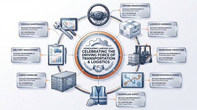 Transportation and logistics infographic. Featuring a central gear icon surrounded by delivery boxes a forklift steering wheel and safety gear
