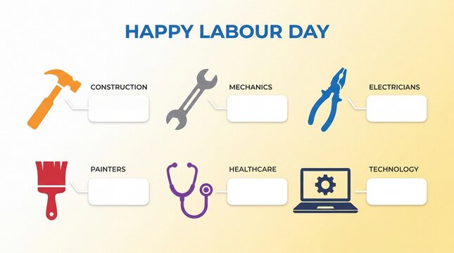 Happy Labour Day concept illustration with construction hammer. Mechanics wrench and electricians pliers icons. Paint brush and medical stethoscope. Laptop computer technology symbol