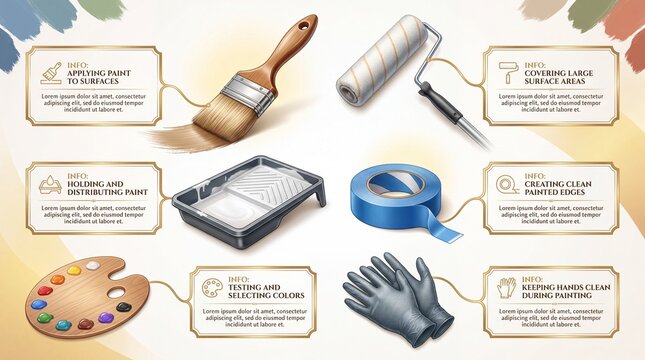 House painting and renovation tools infographic. Featuring paintbrush paint roller tray tape palette and gloves. Educational chart for home improvement projects