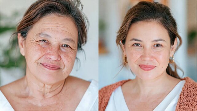 Mature woman with expressive face and warm smile, showing signs of aging gracefully. The face of the same woman at different ages
