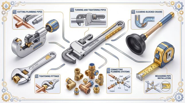 Plumbing tools and pipe fittings infographic vector. Featuring pipe cutter adjustable wrench pipe wrench plunger and brass connectors