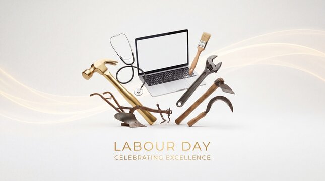 Labour Day concept with laptop and tools. Hammer stethoscope wrench and plow on white background