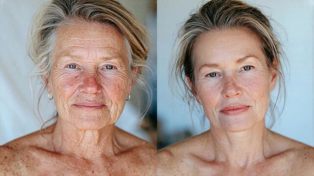 The face of the same woman at different ages. Close-up portrait of an aging woman's face and d&eacute;colletage