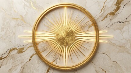 Fototapeta premium Golden circular sunburst frame over marble background with sunburst, luxurious