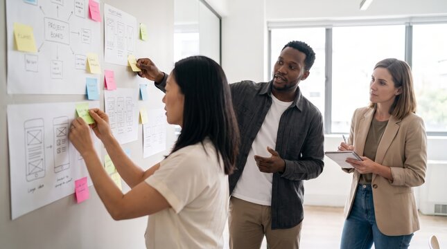 Team organizing ideas on sticky notes