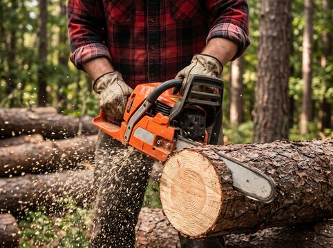 Lumberjack cutting large tree trunk with professional orange chainsaw in forest wood cutting felling tree forest industry manual labor chainsaw operator heavy duty
