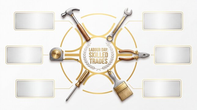 Skilled trades and labor day concept diagram with tools. Hammer, wrench, pliers, screwdriver, paintbrush, and measuring tape arranged in a circle. Infographic layout with blank text boxes on white bac