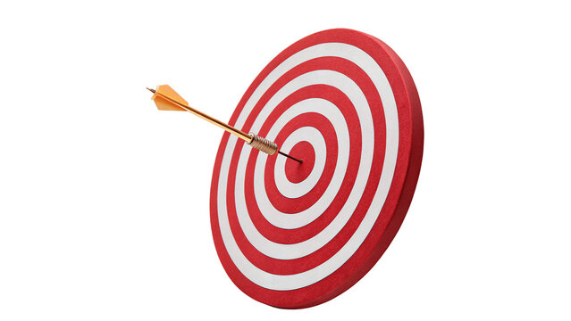 Red dart hitting target bullseye exactly isolated on transparent background