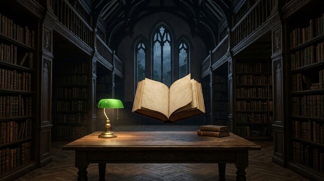 Open vintage spellbook floating over rustic wooden desk in dark gothic library with arched windows and rows of old leather books on shelves for magical themed background art.