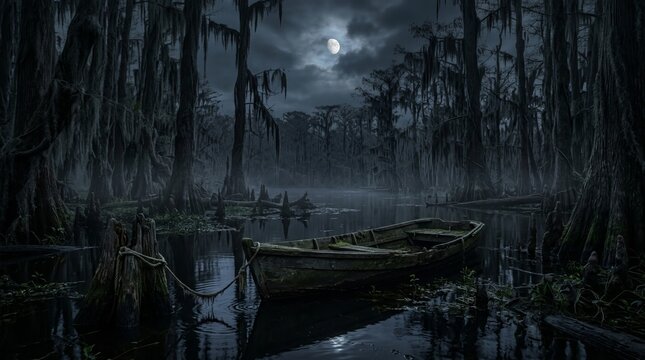 Dilapidated wooden rowboat floats tied to stump in misty cypress swamp under dim glowing moonlit sky creating eerie halloween background or southern gothic scenery.