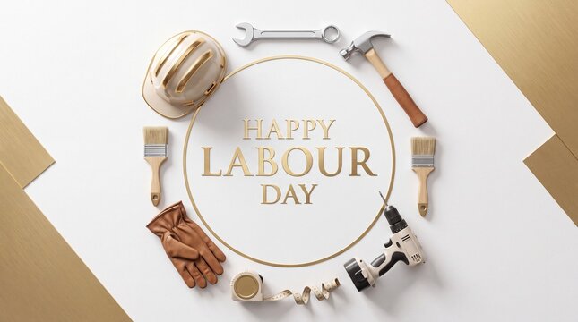 Labour Day greeting concept with construction tools. Hard hat hammer wrench paintbrush leather glove and drill arranged in a circle