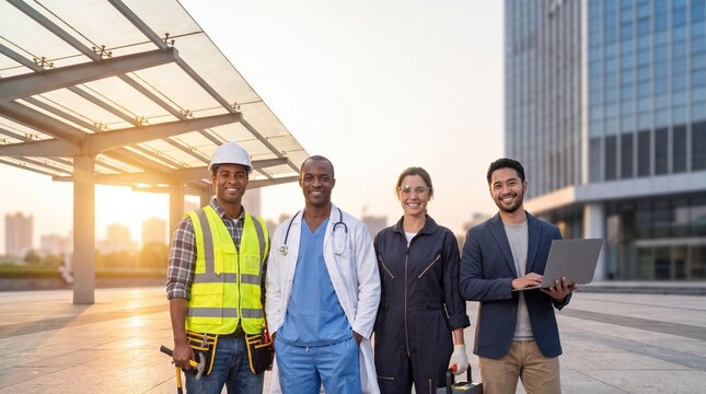 Diverse professional workforce photo. Construction worker doctor mechanic and businessman holding a laptop standing together outdoors