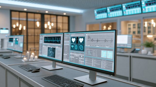 Medical monitoring screens displaying vital signs and patient data in a modern control room with soft ambient lighting