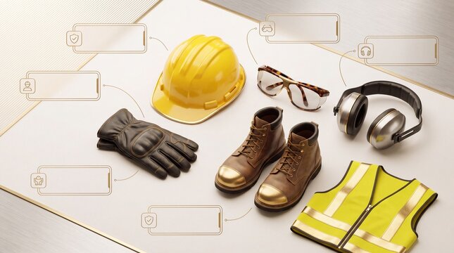 Construction safety equipment flat lay. Yellow hard hat leather work boots safety glasses earmuffs gloves and high-vis vest