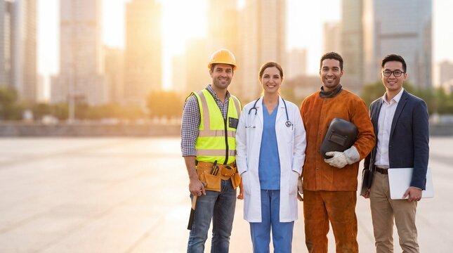 Diverse working class professionals. Construction worker doctor welder and businessman standing together. City skyline background at sunset