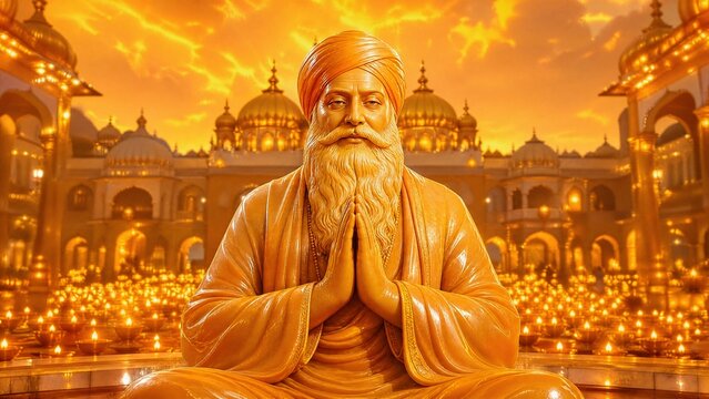 Saffron Orange Gold Marble Bust of Guru Nanak With Joined Hands