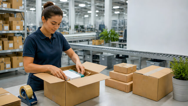 Young warehouse worker packing cardboard boxes at fulfillment center  