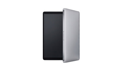 Fototapeta premium Modern tablet device half open with sleek aluminum casing during studio lighting for digital use