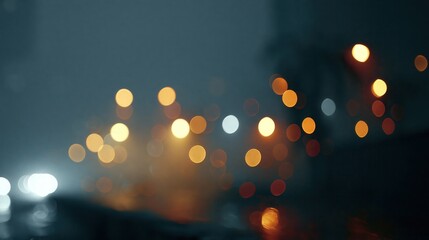 Obraz premium Out of focus car headlights and city lights during a misty evening drive creating a moody bokeh effect