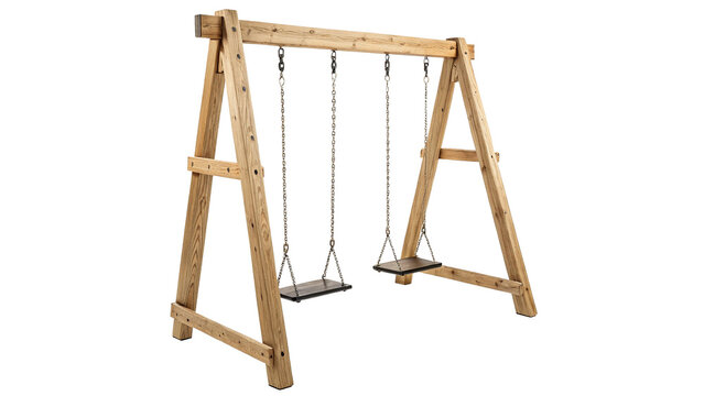 Simple outdoor wooden playground swing set isolated on transparent background