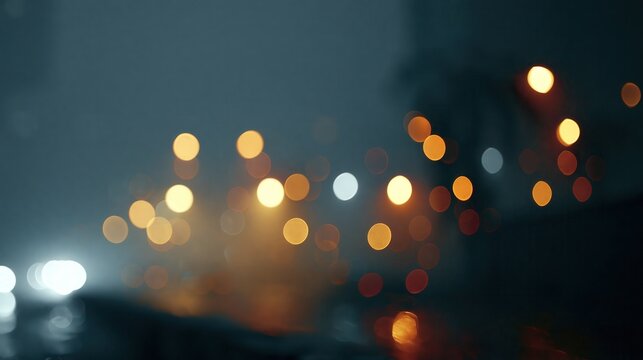 Out of focus car headlights and city lights during a misty evening drive creating a moody bokeh effect