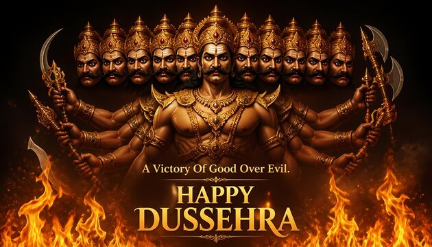 Happy Dussehra Banner with Ten Headed Demon King Ravana Amidst Raging Flames.
