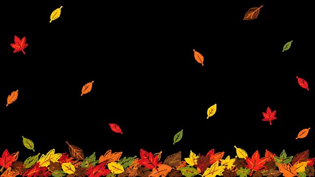 Autumn Falling Leaves Bottom Border with Copy Space on Black Background in Crayon Doodle Style