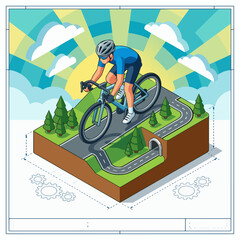 Fototapeta premium An isometric vector illustration of a cyclist riding a sleek road bike across a miniature, 3D-styled mountain pass block. 