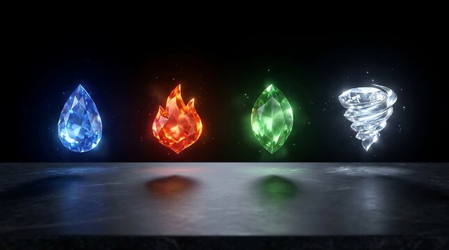 Four glowing magical element drops on dark surface