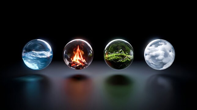 Four crystal spheres containing nature elements inside
