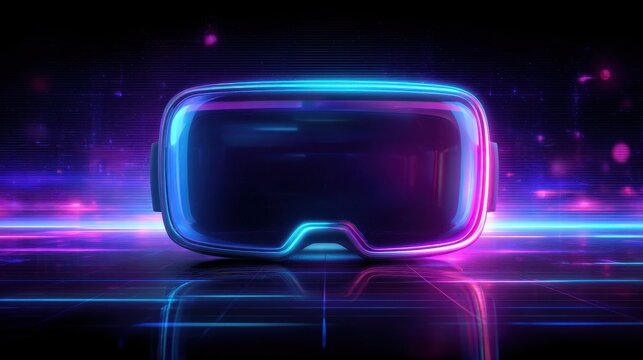 Futuristic VR headset glows with neon with digital world illusion.