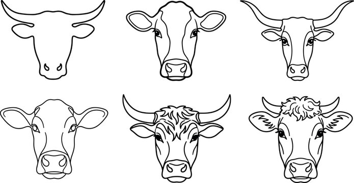Minimalist bull and cow head line art icon set for livestock breeding and dairy farming