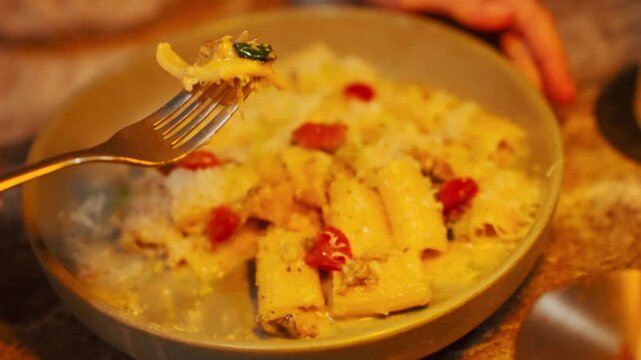 Person eating delicious homemade rigatoni pasta for dinner