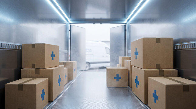 Pharmaceutical cold chain logistics with medical supply boxes inside a refrigerated truck