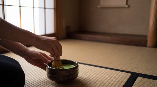 Matcha preparation in traditional tatami tea room