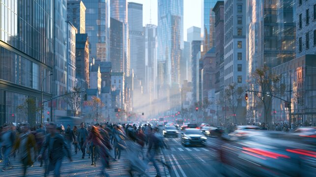Crowded city street during golden hour with blurred pedestrians and traffic conveying urban bustle and movement