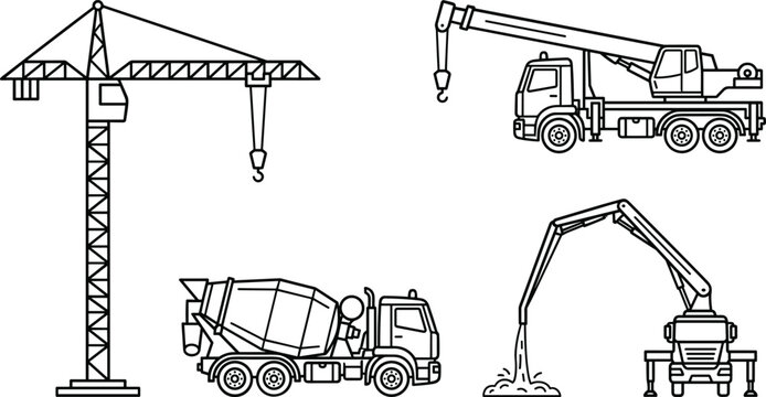 Heavy Construction Machinery and Tower Crane Vector Icon Set with Concrete Mixer Truck for Building Site and Engineering Project Website Designs