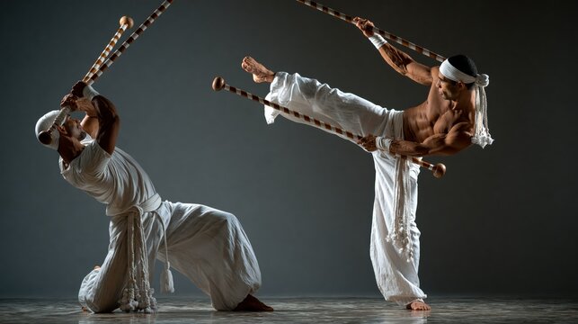 Two athletic men in white attire performing a capoeira fight with decorated sticks against a studio backdrop