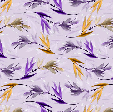 Seamless floral pattern featuring delicate watercolor lily sprigs in vibrant purple, violet, and mustard yellow over a soft lilac background.