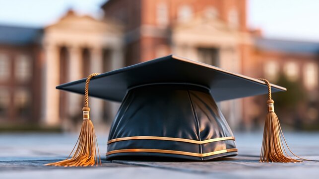 Graduation cap with tassel on wooden surface against blurred academic building exterior during golden hour soft light symbolizing academic achievement