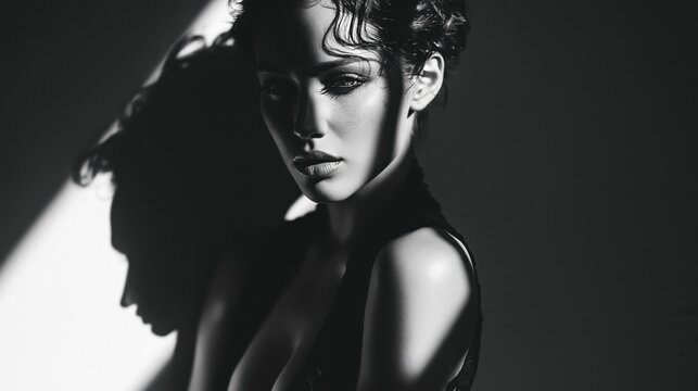 Woman's dramatic portrait in chiaroscuro lighting with strong shadow play suggesting mystery and intensity for editorial fashion