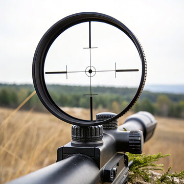 Sniper rifle scope crosshairs aimed at outdoor landscape